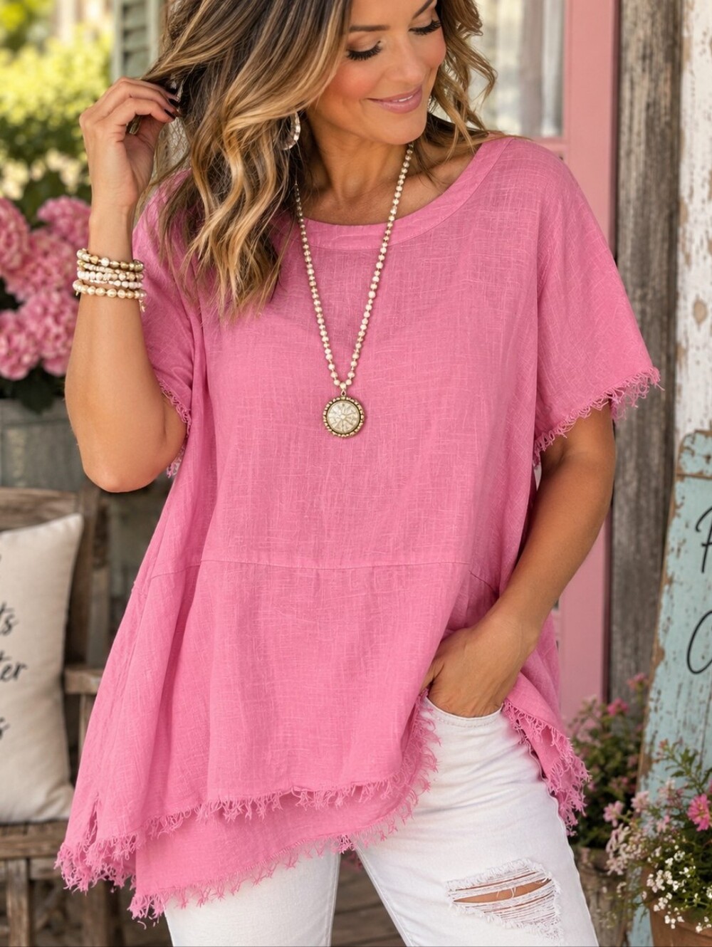 Umgee 2XL Pink Linen Blend Raw Hem Boho Tunic Top